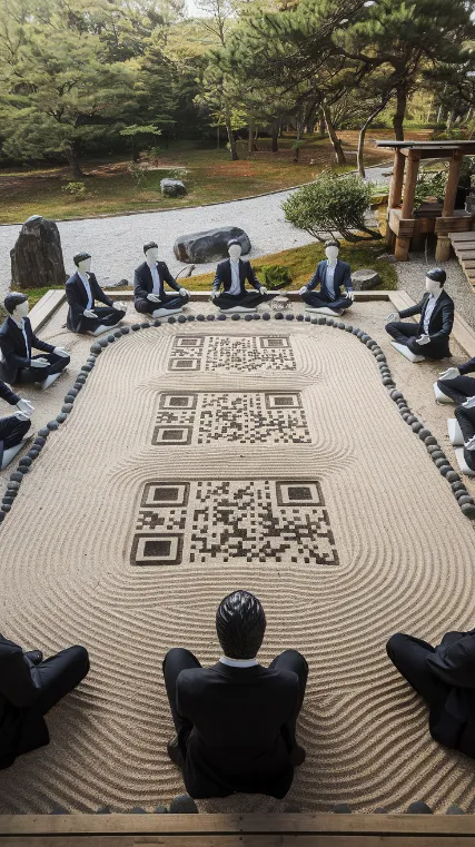 e-commerce kung fu, A zen garden with raked sand forming QR codes, surrounded by meditating mannequins in business attire