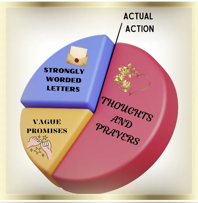 A pie chart labeled "Global Climate Action Plan" with slices for "Thoughts and Prayers" (50%), "Strongly Worded Letters" (30%), "Vague Promises" (19%), and a tiny sliver for "Actual Action" (1%)