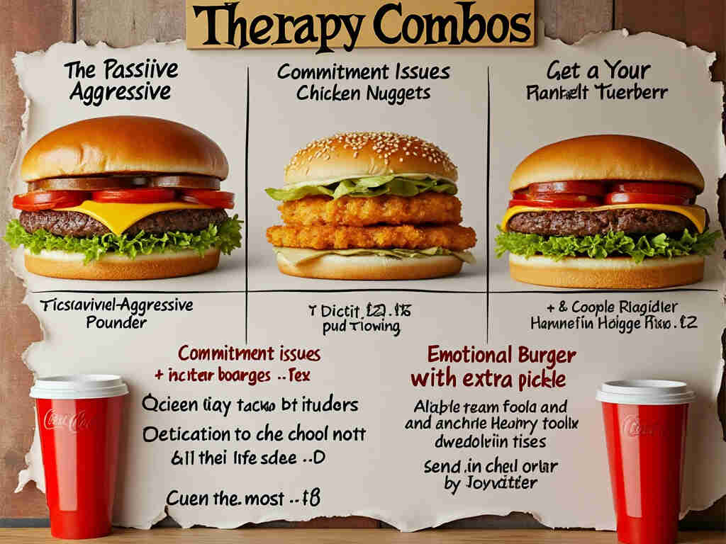 drive-thru therapy solutions,A mock fast-food menu board featuring various "therapy combos" with names like "The Passive-Aggressive Pounder," "Commitment Issues Chicken Nuggets," and "Emotional Baggage Burger with extra pickle."