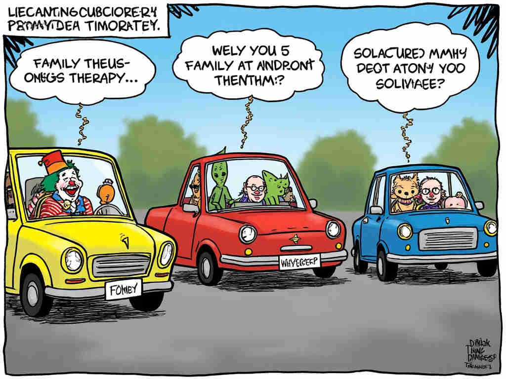 A comical scene of cars lined up at the Drive-Thru Therapy window, with thought bubbles above each car showing various family issues being "solved" instantly. One car is filled with clowns, another with a family of aliens, and a third with a group of talking animals. drive-thru therapy solutions