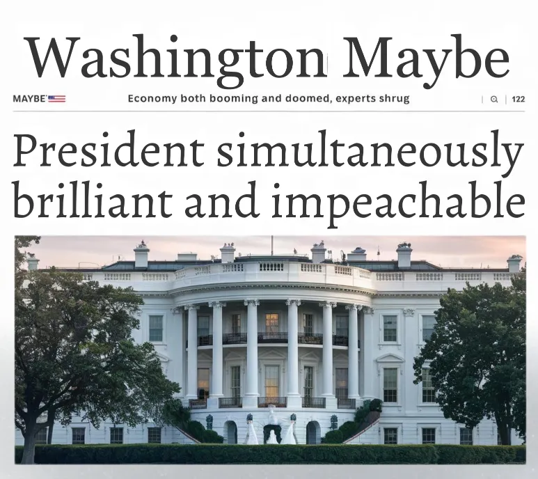 A mock-up of The Washington Maybe's front page, with headlines like "President Simultaneously Brilliant and Impeachable" and "Economy Both Booming and Doomed, Experts Shrug."