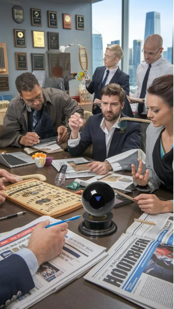 A chaotic newsroom scene with journalists using Ouija boards, reading tea leaves, and consulting a "Magic Editorial 8-Ball" to decide on headlines