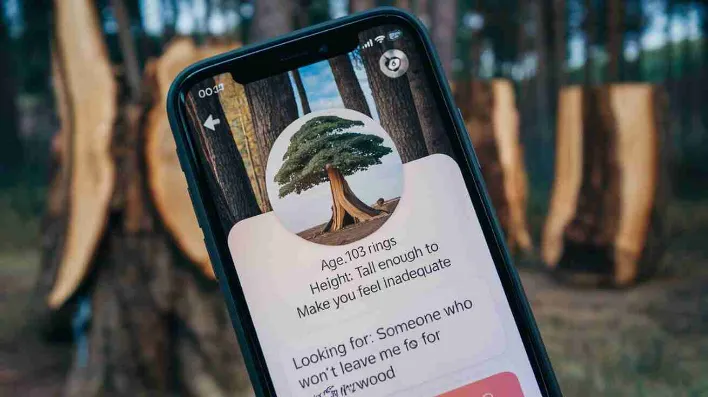 A smartphone displaying a Tinder-like interface with a tree profile, including "Age: 103 rings", "Height: Tall enough to make you feel inadequate", and "Looking for: Someone who won't leave me for firewood"