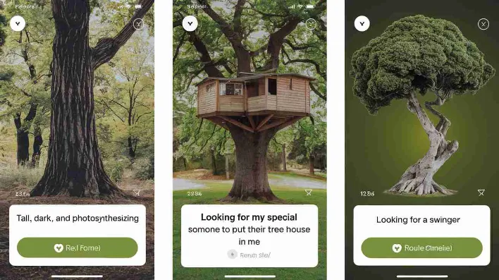 A series of tree "profiles" on the app, each with witty bios like "Tall, dark, and photosynthesizing" or "Looking for my special someone to put their tree house in me"