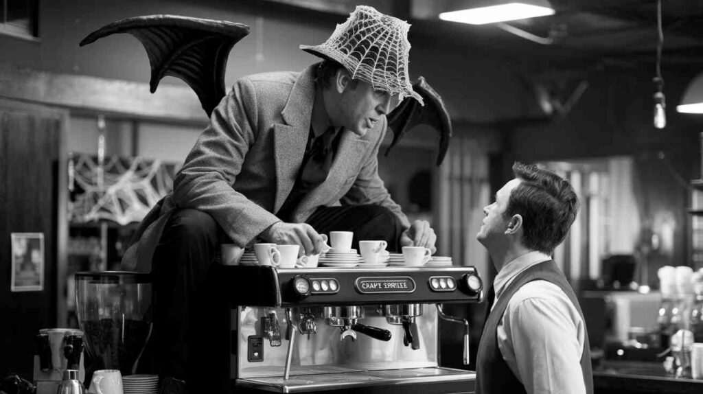 A black-and-white photo of Nicolas Cage perched gargoyle-style atop the craft services coffee machine, wearing a noir detective hat made entirely of spiderwebs while interrogating a confused barista