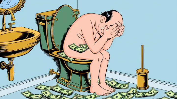 billionaire financial woes, billionaire sobbing on a gold-plated toilet, using $100 bills as toilet paper