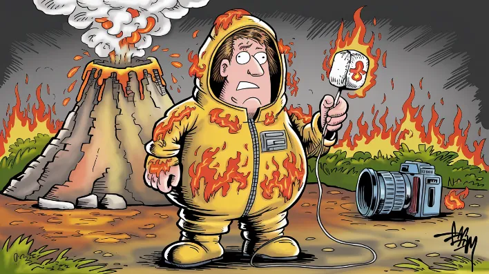 A comically singed reporter in a melting hazmat suit, holding a microphone-shaped marshmallow on a stick over an erupting cartoon volcano