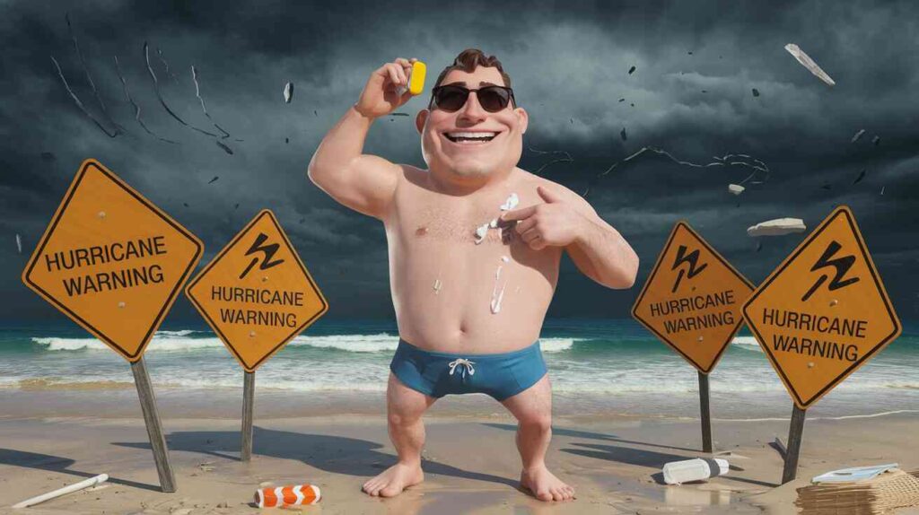 A cartoon-style illustration of a grinning man in swim trunks and sunglasses, surrounded by hurricane warning signs, applying sunscreen while standing on a beach with ominous dark clouds and flying debris in the background, Hurricane Milton Florida evacuation