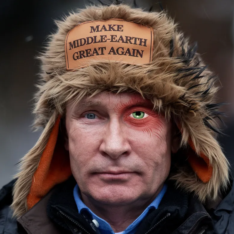 Close-up of Putin's face, with his eye replaced by the Eye of Sauron, wearing a "Make Middle-earth Great Again" ushanka hat, United Russia Mordor