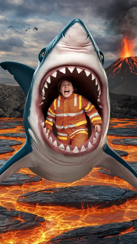 A shark with a comically large mouth, swallowing a terrified reporter in a flame-retardant suit, while swimming in a lake of lava
