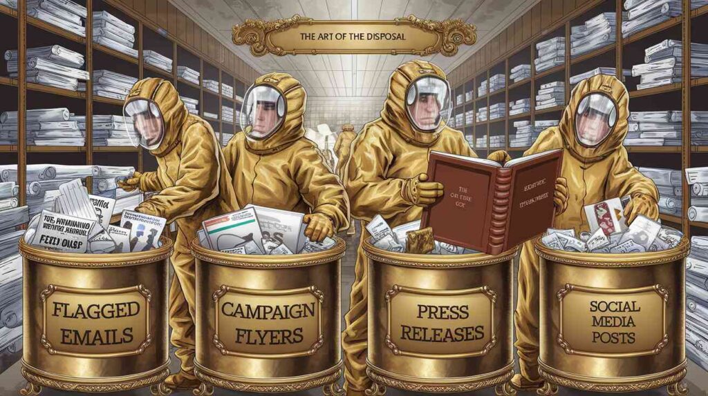 A detailed infographic showing various political items being sorted into gold-plated bins, with confused sanitation workers in designer hazmat suits consulting a leather-bound sorting manual titled "The Art of the Disposal"