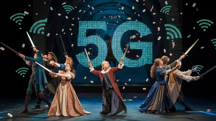 A dramatic stage with actors in Elizabethan costumes wielding smartphones like swords, surrounded by holographic 5G symbols and binary code confetti, 5G Wireless Drama