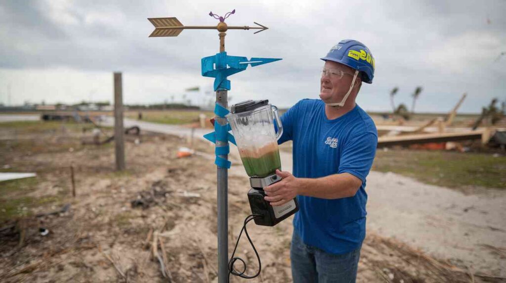 A Florida resident demonstrating their "hurricane-powered margarita machine" - a blender duct-taped to a weather vane