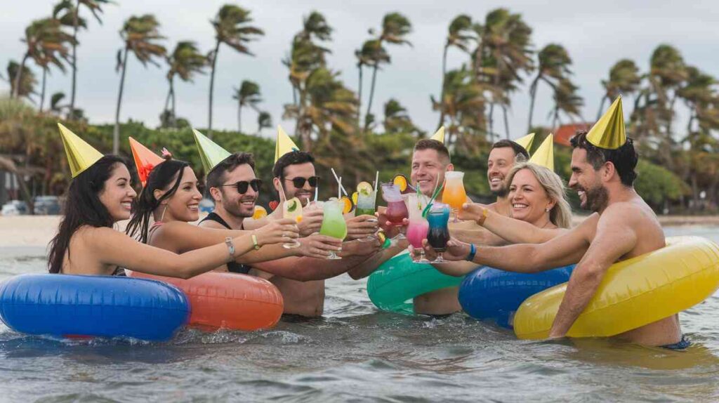 A group of people in party hats and floaties, holding colorful cocktails, standing waist-deep in rising water on a beach with palm trees snapping in the background