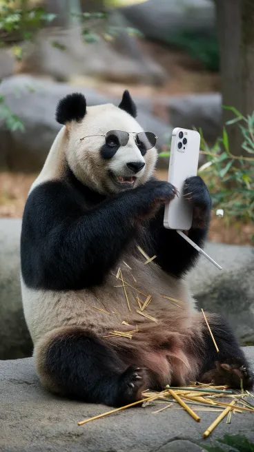 A panda struggling to type on a comically oversized smartphone with its paws, surrounded by a mess of half-eaten bamboo and discarded selfie sticks
