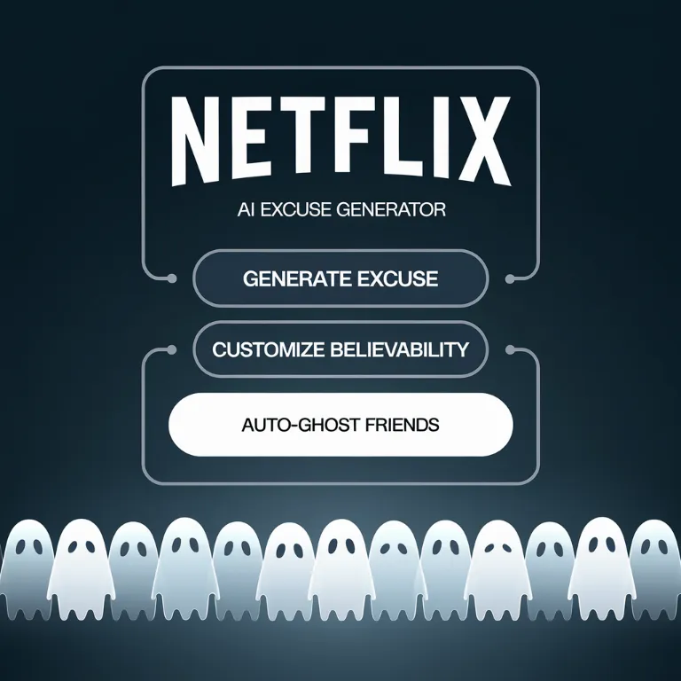 A mock interface of the Netflix AI Excuse Generator, showing options like "Generate Excuse," "Customize Believability," and "Auto-Ghost Friends"