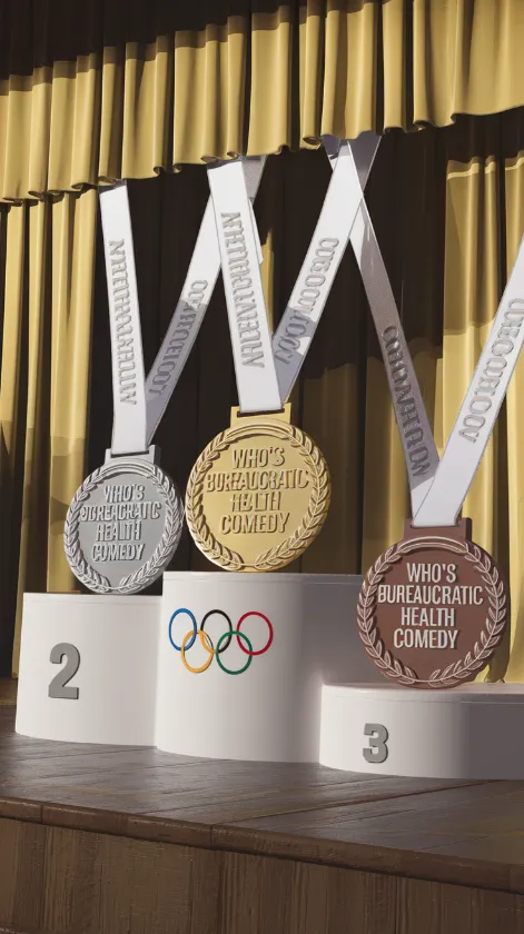 A mock Olympic podium with gold, silver, and bronze medals, all labeled "WHO's bureaucratic health comedy" in decreasing font sizes