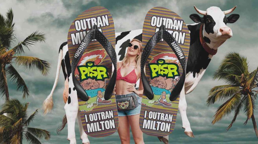 A mock-up of garish "I Outran Milton" flip-flops with a cartoonish hurricane character, modeled by a sunburned tourist standing in front of a flying cow