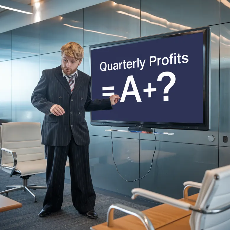 A bewildered teacher wearing a business suit two sizes too big, attempting to use a smartboard in a sleek corporate meeting room. The screen displays "Quarterly Profits = A+?"