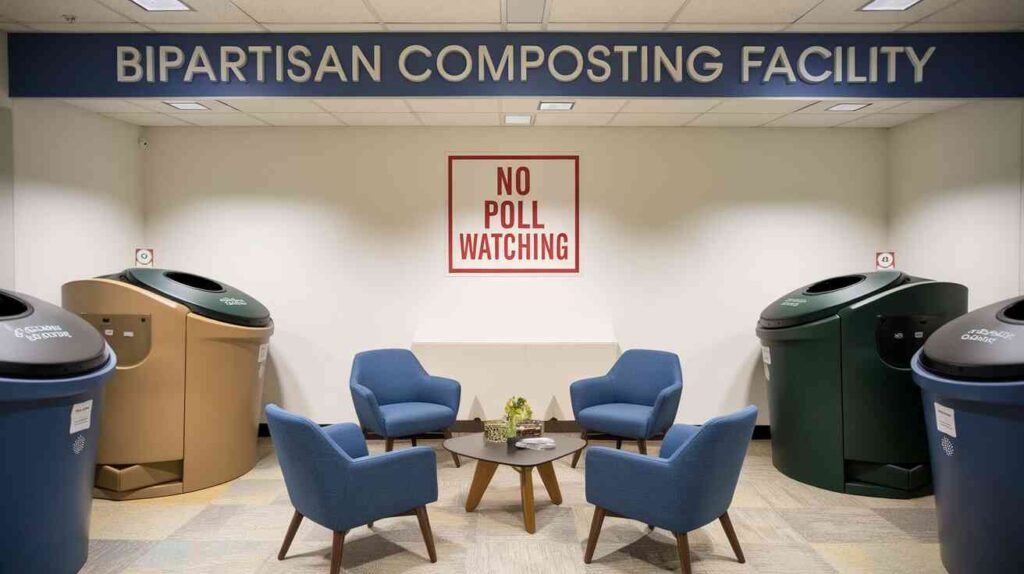 A "Bipartisan Composting Facility" featuring a luxury lounge where elite waste items from both parties decompose together in climate-controlled designer bins, with a "No Poll Watching" sign prominently displayed