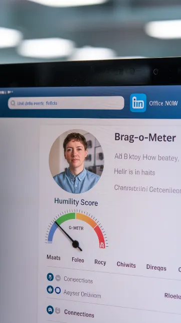 A fictional LinkedIn profile showcasing absurd future features like a "Humility Score" (inversely proportional to post frequency) and a "Brag-o-Meter" gauge