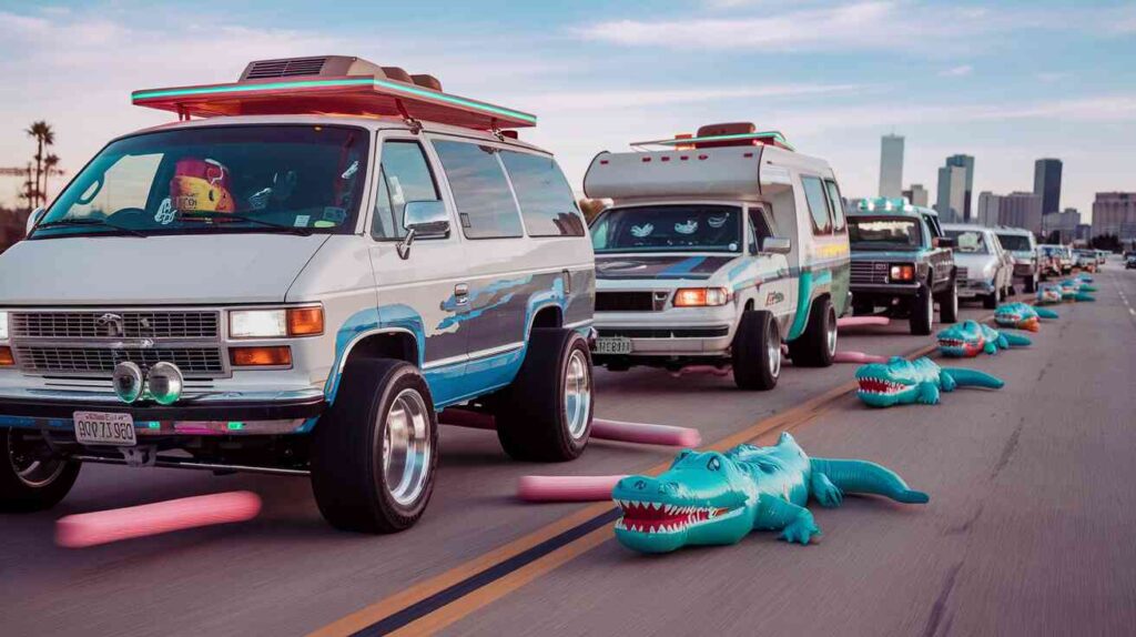 A conga line of souped-up minivans and RVs racing down the highway, leaving a trail of floating pool noodles and inflatable alligators