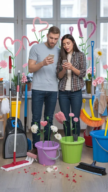 A bewildered couple gawking at their phones, surrounded by hearts and flowers sprouting from household items like mops and plungers.