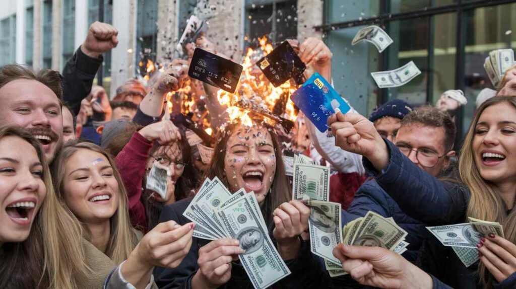 Ecstatic people burning their credit cards and using $100 bills as confetti