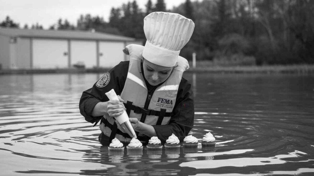 A FEMA agent wearing a chef's hat and life jacket, piping frosting onto cupcakes as water laps at their feet