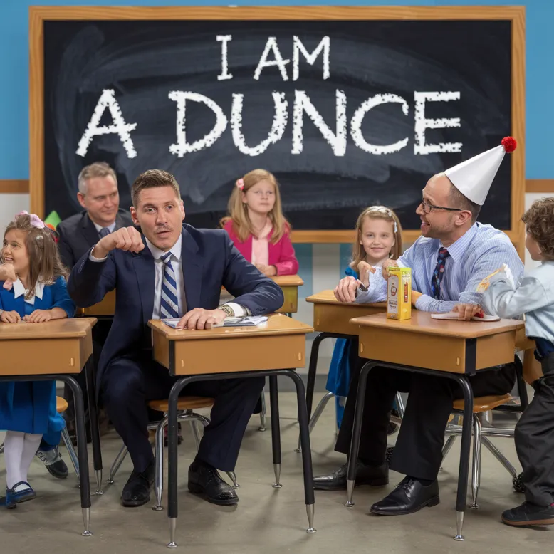 A group of confused-looking executives sitting in tiny school desks, surrounded by children. One executive is wearing a dunce cap while another struggles to open a juice box