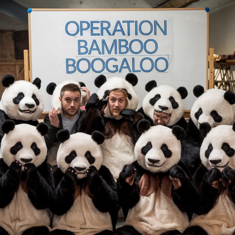 A group of "pandas" caught having a secret meeting, some with costume heads off, revealing confused humans and a whiteboard with "Operation Bamboo Boogaloo" written on it