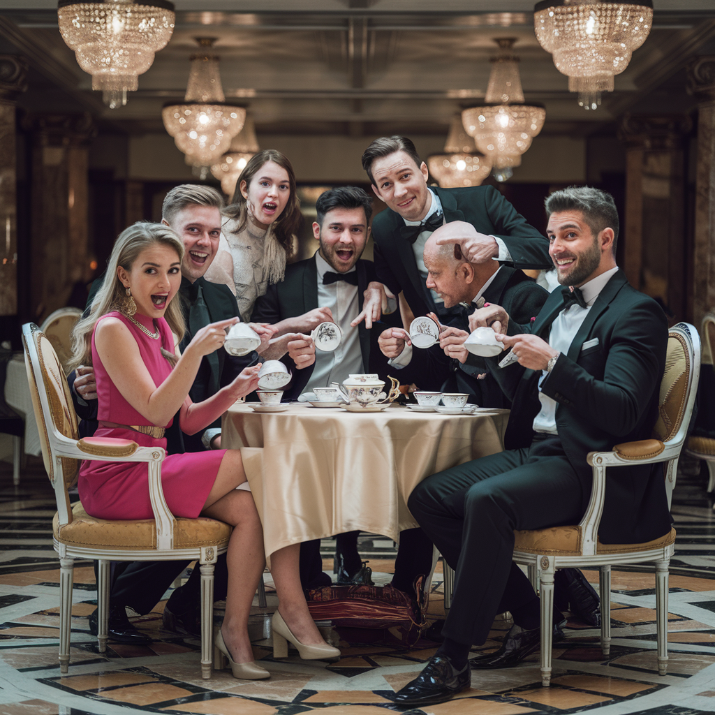 A group of people in fancy attire, enthusiastically pointing at nothing in their teacups