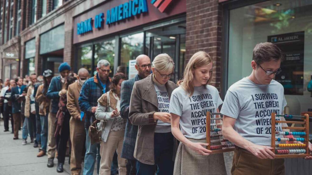 A line of people outside a Bank of America branch, all wearing "I survived the Great Account Wipeout of 2024" t-shirts and using abacuses