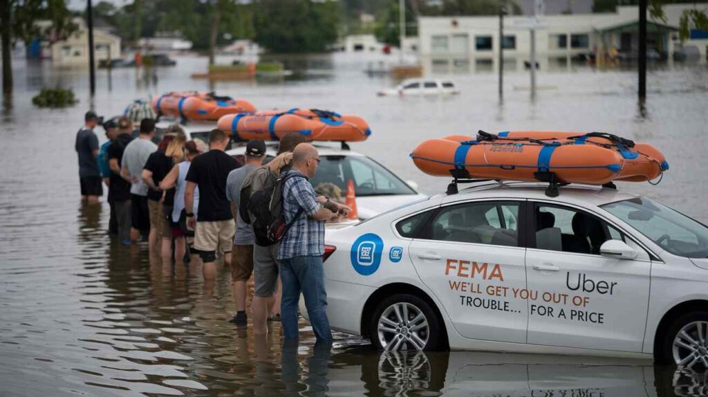 A line of people queueing for FEMA-branded ride-share vehicles, each car equipped with life rafts on the roof and "FEMA Uber: We'll get you out of trouble... for a price" painted on the side