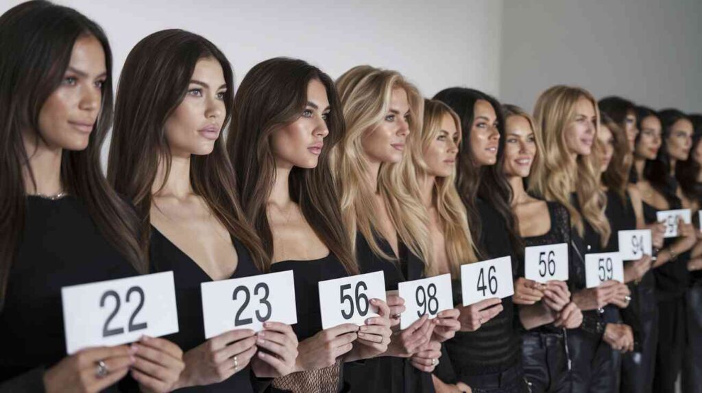 A line-up of Victoria's Secret models, each holding a sign with their age, ranging from 22 to 56, all looking eerily similar, with a lone confused plus-size model peeking in from off-stage