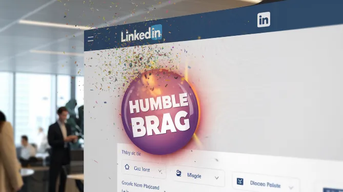 A LinkedIn interface mockup with an enormous, pulsating "Humble Brag" button, dwarfing all other options and shooting confetti with each click