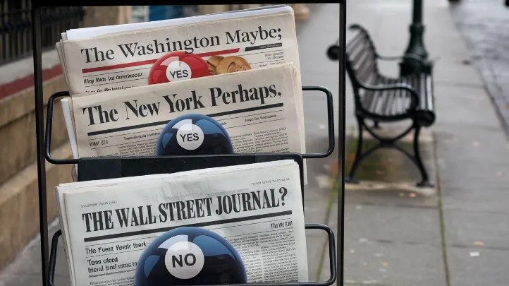 A newspaper stand displaying various newspapers with titles like "The Washington Maybe," "The New York Perhaps," and "The Wall Street Journal?", all with question marks and Magic 8-Balls replacing their logos.