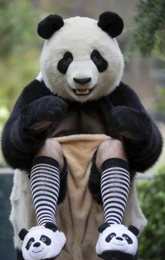 A "panda" caught mid-costume change, revealing human legs in striped socks and panda slippers