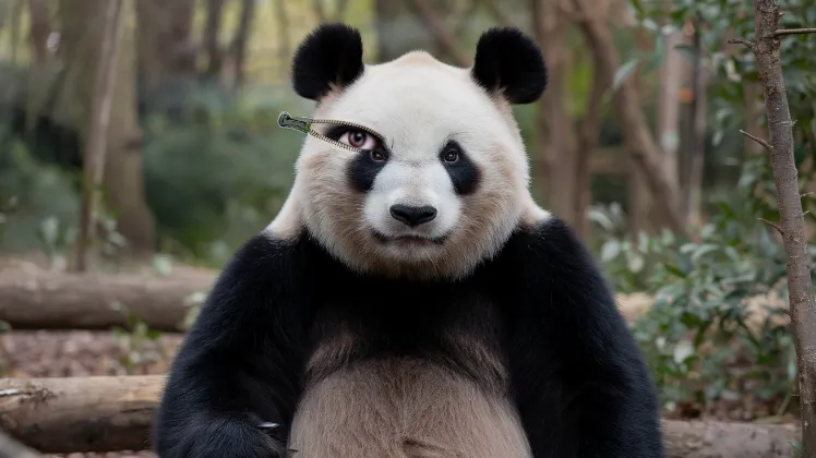 panda costume conspiracy , A "panda" sitting in a forest, with a slightly askew head revealing a zipper and a human eye peeking out