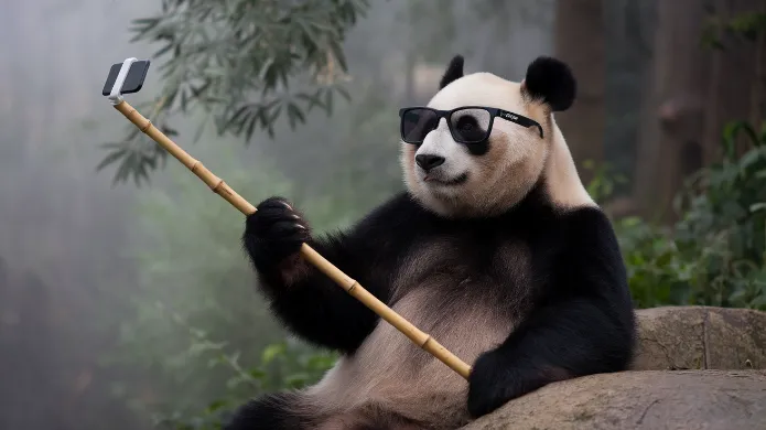 A panda wearing designer sunglasses, posing for a selfie with a bamboo selfie stick in a misty Chinese fores