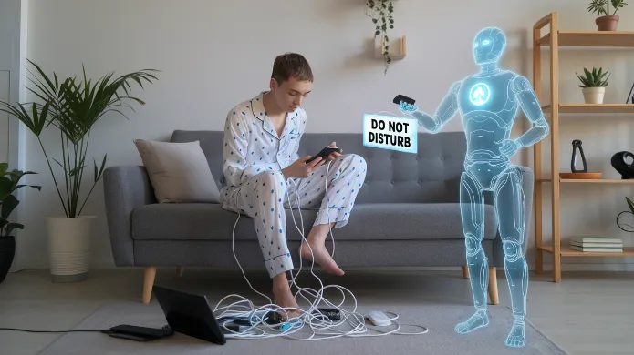 A person in pajamas, tangled in charging cables, with a holographic AI butler holding a "Do Not Disturb" sign and a Netflix remote, Netflix AI excuses