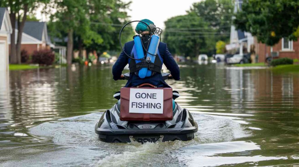 A person in scuba gear and a business suit, riding a jet ski through a flooded suburban street, with a "Gone Fishing" sign attached to their briefcase, Hurricane Milton preparation