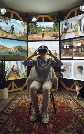 A person wearing a VR headset, surrounded by screens displaying fake outdoor adventures and simulated social interactions, with a cat looking judgmental in the background