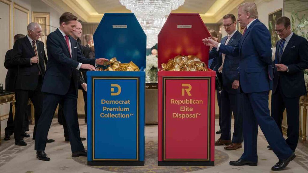 Color-coded luxury waste bins labeled "Democrat Premium Collection™" and "Republican Elite Disposal®" with confused millionaires in suits trying to sort their golden trash