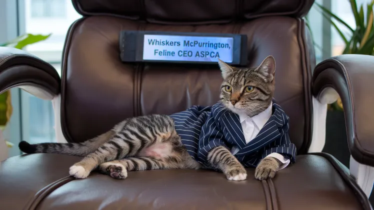 A professional-looking tabby cat wearing a tiny pinstripe suit, lounging on an oversized executive chair with a nameplate reading "Whiskers McPurrington, Feline CEO ASPCA"]