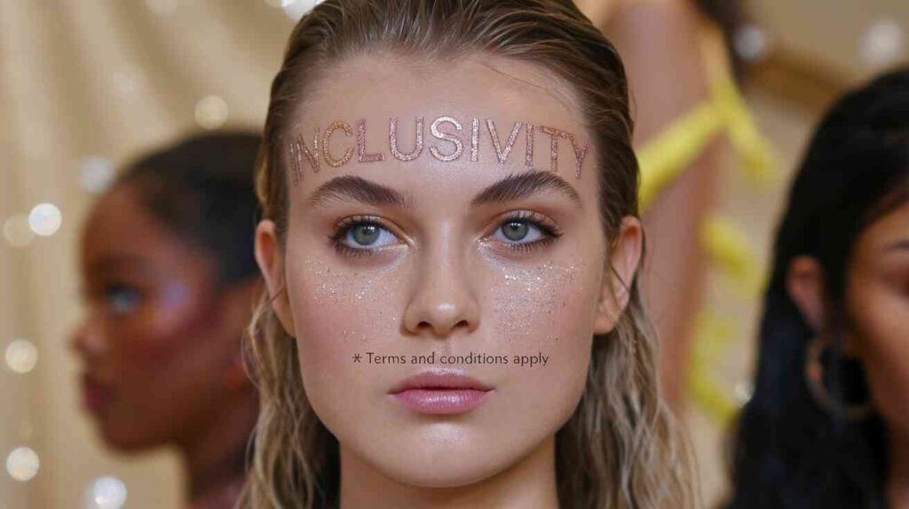 A close-up of a Victoria's Secret model's face, with "Inclusivity" stamped across her forehead in glitter, and a tiny asterisk that reads "Terms and conditions apply"