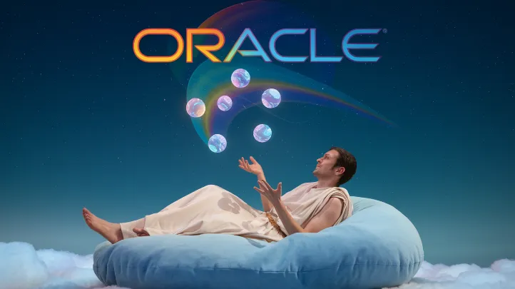 An Oracle employee in a toga, reclining on a cloud-shaped beanbag, juggling holographic data orbs while a rainbow-colored Oracle logo hovers overhead