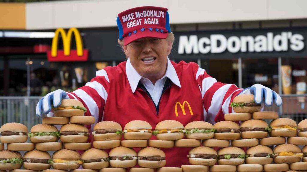 Donald Trump in a McDonald's uniform, attempting to build a wall of Big Macs while wearing a "Make McDonald's Great Again" hat