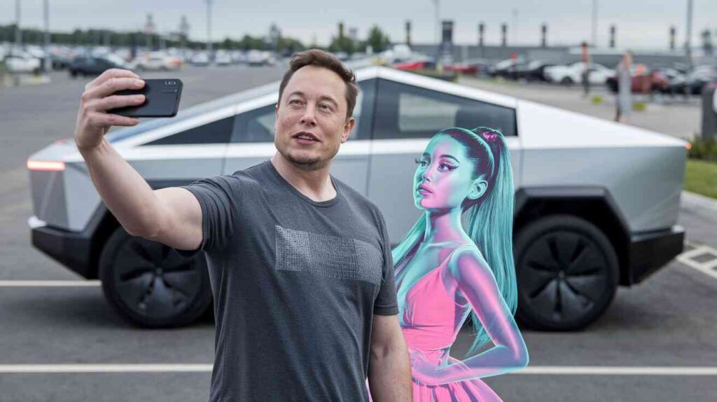 Elon Musk and a holographic Ariana Grande taking a selfie in front of a Tesla Cybercab