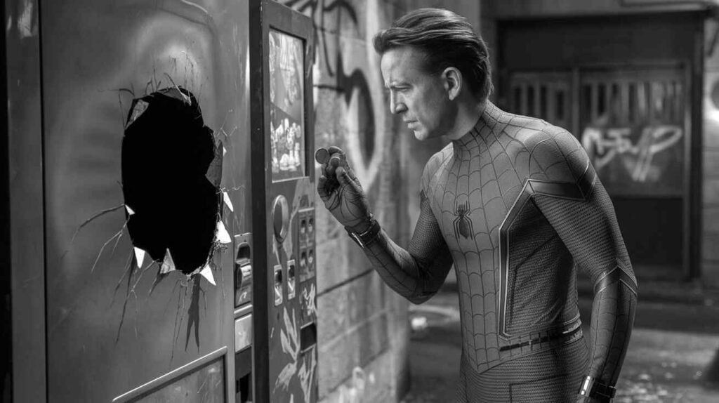 A security camera still of Nicolas Cage as Spider-Man conducting a serious noir-style interrogation with a vending machine